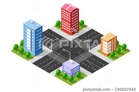 Colorful isometric city center with skyscrapers and traffic 140087848