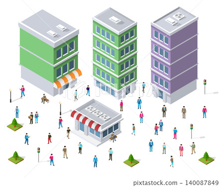 People walking around buildings in isometric city 140087849