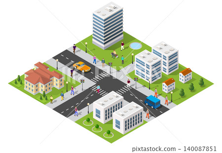 Citizens walking and driving in modern isometric city with skyscrapers Citizens walking and driving in modern isometric city with skyscrapers 140087851