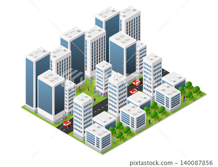 Modern isometric city center with skyscrapers, cars and people walking Modern isometric city center with skyscrapers, cars and people walking 140087856