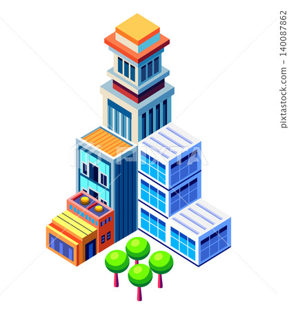 Modern city center with skyscraper, offices and green trees growing Modern city center with skyscraper, offices and green trees growing 140087862