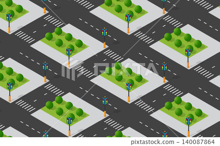 Isometric pattern of city crossroads with traffic lights and green areas Isometric pattern of city crossroads with traffic lights and green areas 140087864
