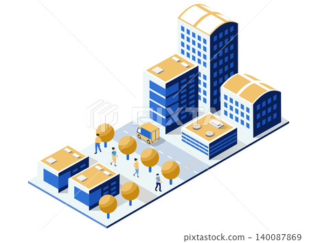 Modern isometric city center with delivery van and people walking Modern isometric city center with delivery van and people walking 140087869
