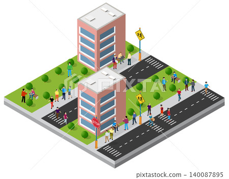 People walking and relaxing in an isometric city street with buildings and green areas 140087895