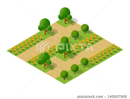 Isometric city park with trees and flowers growing Isometric city park with trees and flowers growing 140087908