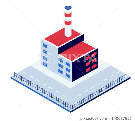 Modern factory building with smoking chimney in isometric view 140087935