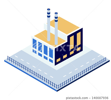 Modern factory building with smoking chimneys in isometric view Modern factory building with smoking chimneys in isometric view 140087936
