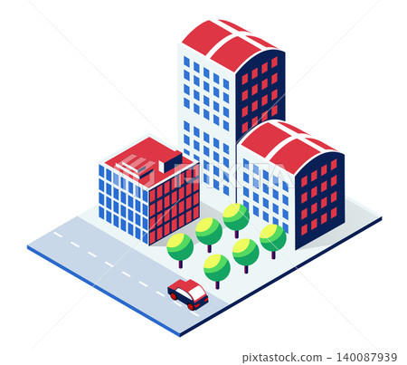 Modern city buildings with car driving on the street Modern city buildings with car driving on the street 140087939