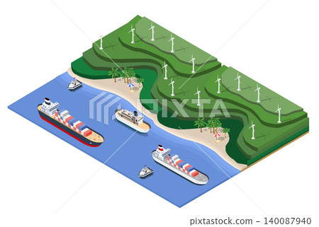 Cargo ships approaching tropical island with wind farm isometric view Cargo ships approaching tropical island with wind farm isometric view 140087940