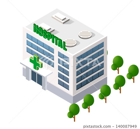 Modern isometric hospital building with helipad on roof 140087949