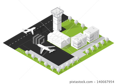 Isometric airport overview with planes and control tower Isometric airport overview with planes and control tower 140087954