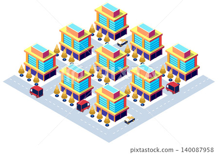 Modern isometric city with colorful buildings and moving vehicles Modern isometric city with colorful buildings and moving vehicles 140087958