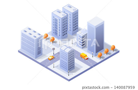 Modern isometric city center with skyscrapers, roads, cars and trees 140087959