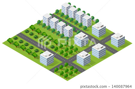 Modern city buildings and roads creating urban landscape in isometric view Modern city buildings and roads creating urban landscape in isometric view 140087964
