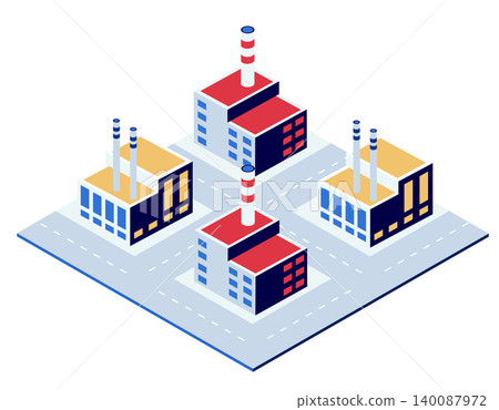 Industrial district with factories emitting smoke from chimneys in isometric Industrial district with factories emitting smoke from chimneys in isometric 140087972