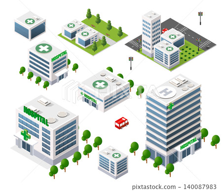 Set of isometric hospital buildings representing clinic architecture 140087983
