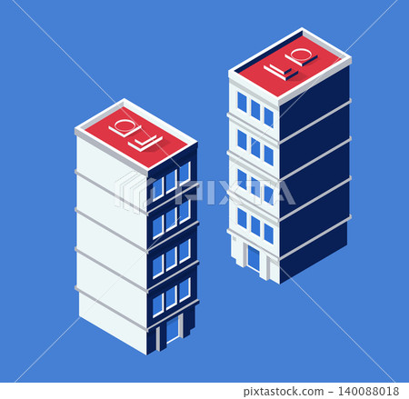 Two isometric buildings with red rooftop terraces standing out against a blue background Two isometric buildings with red rooftop terraces standing out against a blue background 140088018