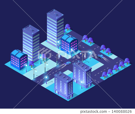 Isometric city streetscape at night with neon buildings 140088026