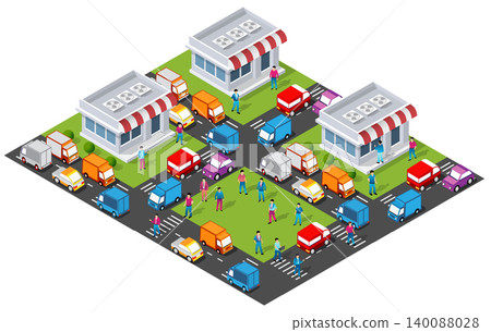 Shops and traffic creating a busy city intersection in isometric view Shops and traffic creating a busy city intersection in isometric view 140088028
