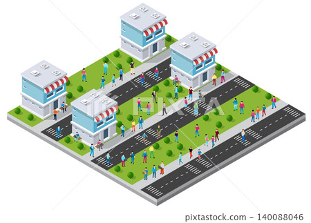 People walking and shopping in a small isometric city with stores and roads 140088046