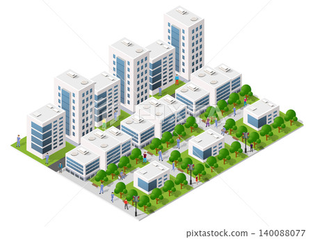 Modern isometric city center with people walking and trees Modern isometric city center with people walking and trees 140088077