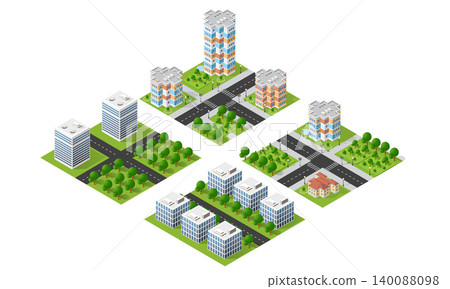 Urban landscape showing modern buildings, parks, and roads in isometric view Urban landscape showing modern buildings, parks, and roads in isometric view 140088098