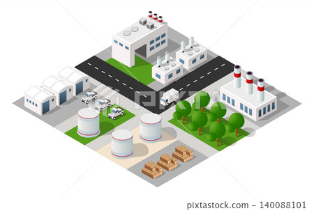 Industrial zone with factories and office buildings generating air pollution Industrial zone with factories and office buildings generating air pollution 140088101
