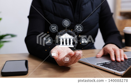 Digital banking services and financial technology concept, virtual bank, globe, payment card, wallet, currency exchange, security, fintech, calendar, and analytics icons for online finance platform. Digital banking services and financial technology concept, virtual bank, globe, payment card, wallet, currency exchange, security, fintech, calendar, and analytics icons for online finance platform. 140088278