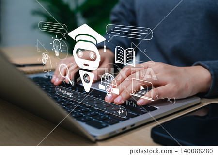 AI education chatbot and online learning assistant concept. student using laptop with tutor bot, graduation cap, message box, book, video lesson, search, and knowledge icons for smart digital learning 140088280