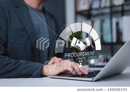 Procurement management concept. Person using laptop to analyze supplier workflow, purchasing process, contract approval, cost control, vendor selection, inventory planning, supply chain performance Procurement management concept. Person using laptop to analyze supplier workflow, purchasing process, contract approval, cost control, vendor selection, inventory planning, supply chain performance 140088334