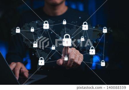 Cybersecurity network protection concept. padlock icon. manage encrypted data access, secure global connection, privacy lock, threat prevention, identity safety digital infrastructure security control 140088339