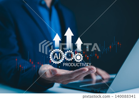 AI productivity growth and business performance concept. Businessman holding gear with AI, clock, upward arrows and financial chart. workflow automation, time efficiency, process optimization, success AI productivity growth and business performance concept. Businessman holding gear with AI, clock, upward arrows and financial chart. workflow automation, time efficiency, process optimization, success 140088341