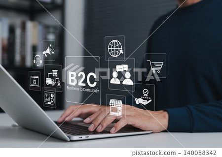 B2C ecommerce and business to consumer marketing concept, person using laptop with virtual retail, shopping cart, customer chat, delivery, analytics, support, promotion, and online marketplace icons. B2C ecommerce and business to consumer marketing concept, person using laptop with virtual retail, shopping cart, customer chat, delivery, analytics, support, promotion, and online marketplace icons. 140088342