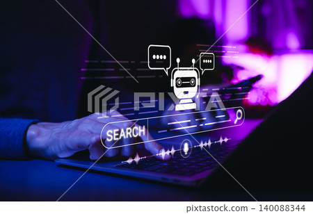 AI search engine and voice search chatbot concept. virtual search bar, microphone, audio waveform, and chat bot interface. smart query, conversational search, seo, aeo, geo, digital answer technology 140088344