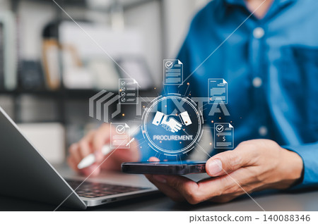 Procurement management and digital purchase workflow concept. Businessman using laptop with handshake icons, contracts, approval documents, checklist, invoice, supplier sourcing, business process Procurement management and digital purchase workflow concept. Businessman using laptop with handshake icons, contracts, approval documents, checklist, invoice, supplier sourcing, business process 140088346