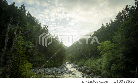 北阿爾卑斯山:夏季清澈的山澗溪流和原始森林覆蓋的山谷。 北阿爾卑斯山:夏季清澈的山澗溪流和原始森林覆蓋的山谷。 140088636