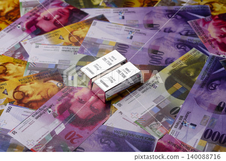 A silver bar, white metal against a backdrop of Swiss flag, as a concept for the sales. A silver bar A silver bar, white metal against a backdrop of Swiss flag, as a concept for the sales. A silver bar 140088716