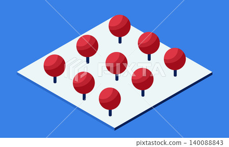 Nine red trees growing on a white square in isometric view over blue background 140088843