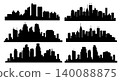 Six black skylines representing modern cities with skyscrapers and buildings 140088875