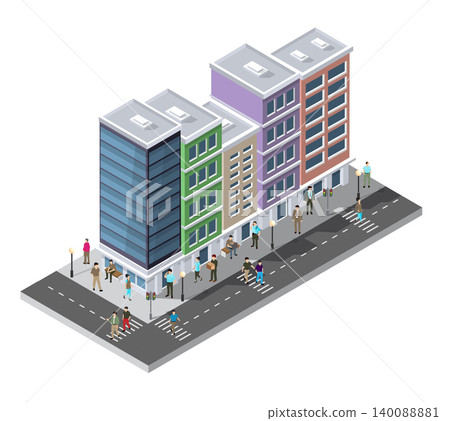 People walking on the street near modern buildings isometric illustration People walking on the street near modern buildings isometric illustration 140088881