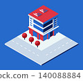Modern isometric building with road and trees on blue background 140088884