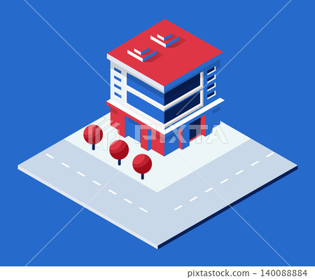 Modern isometric building with road and trees on blue background Modern isometric building with road and trees on blue background 140088884