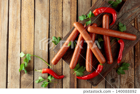 Sausages with red pepper and parsley on an old wooden table. Sausages with red pepper and parsley on an old wooden table. 140088892