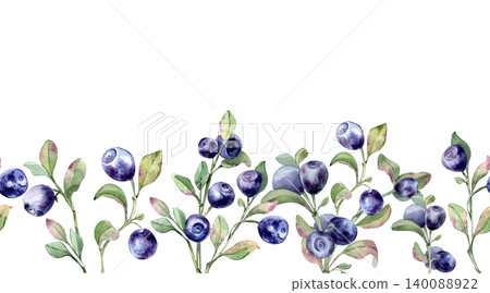 Seamless border pattern with watercolor bilberry shrubs isolated on white. Hand drawn botanical background of forest blue berries with green leaves for design textile or stationary. Blueberry repeat. Seamless border pattern with watercolor bilberry shrubs isolated on white. Hand drawn botanical background of forest blue berries with green leaves for design textile or stationary. Blueberry repeat. 140088922