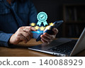Excellent quality service and certification concept,hand hold smartphone with five star and verified badge.Customer satisfaction rating,product standard,brand excellence,business reputation,compliance 140088929