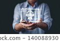 High quality assurance and excellent standard concept,hand hold digital certified medal icon.Business management,premium product rating,service excellence,brand reputation,guaranteed success symbol. 140088930
