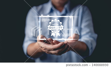 High quality assurance and excellent standard concept,hand hold digital certified medal icon.Business management,premium product rating,service excellence,brand reputation,guaranteed success symbol. High quality assurance and excellent standard concept,hand hold digital certified medal icon.Business management,premium product rating,service excellence,brand reputation,guaranteed success symbol. 140088930
