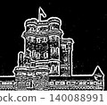Black and White Medieval Stone Castle Tower with Flag Battlements Turrets and Arched Windows Detailed Sketch Vector Illustration 140088991