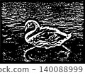 Elegant Swan Swimming on Rippling Water Black and White High Contrast Woodcut Linocut Style Vector Illustration 140088999