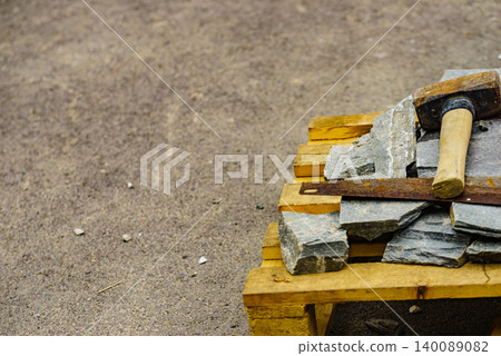 Stone masonry material on construction site Stone masonry material on construction site 140089082